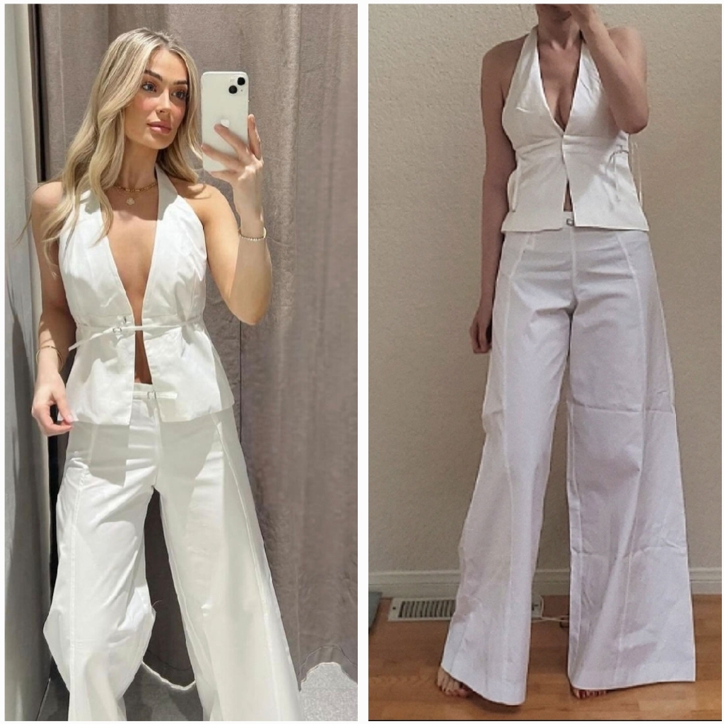 Zara 2 Pc * Matching Set Palazzo Wide Pants & Top White Nwt